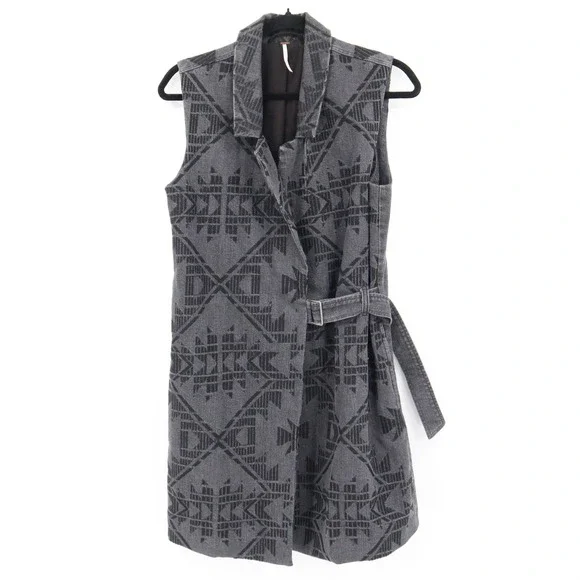 Free People Longline Denim Vest Womens XS Gray Aztec Belted Boho Southwestern - Picture 2 of 16